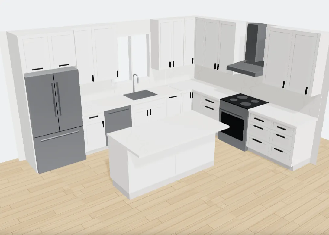 3D view of an L-shaped white shaker kitchen with an island, made in the XKitchens Kitchen Builder