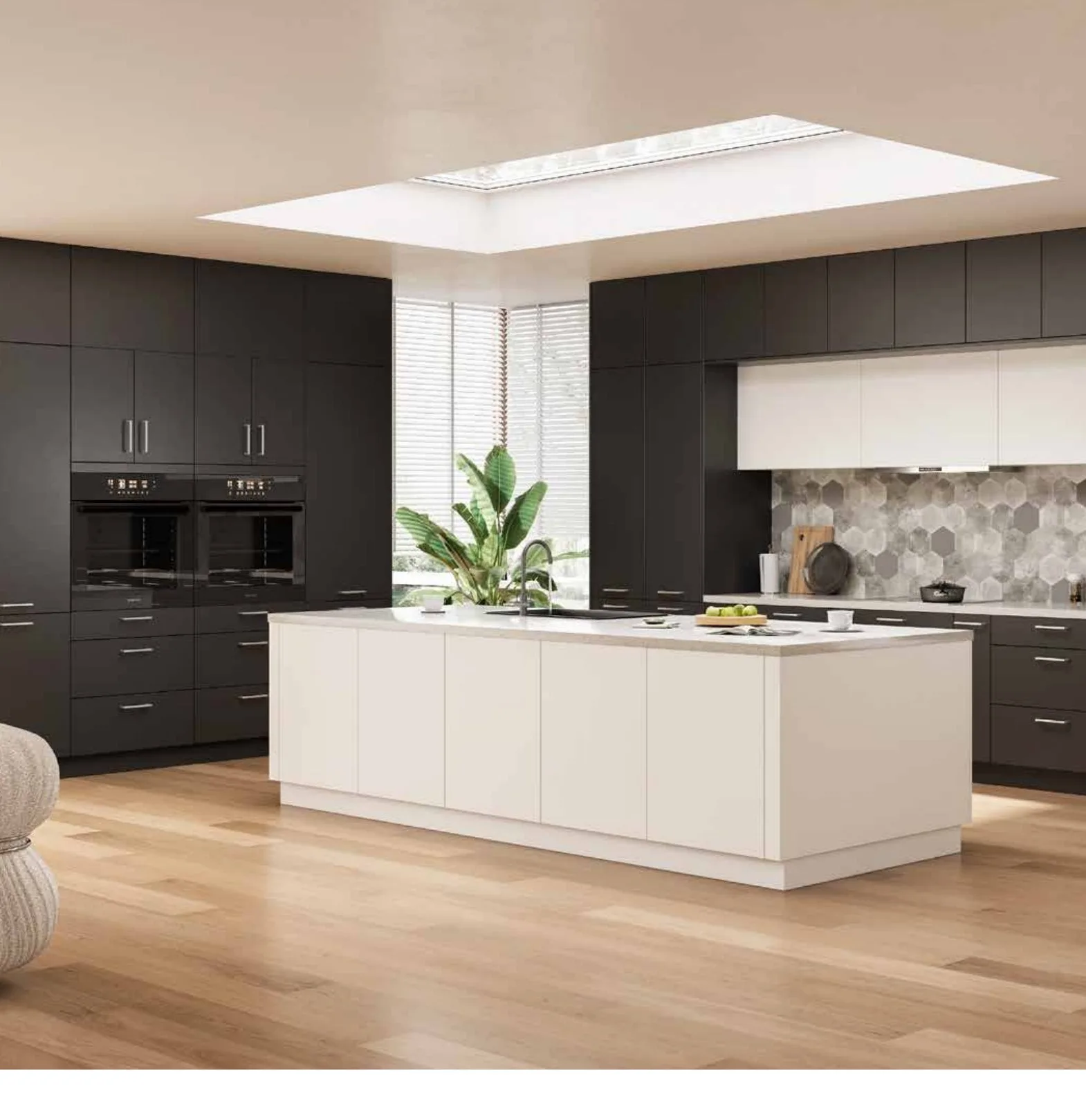 Anthracite and white modern kitchen with skylight