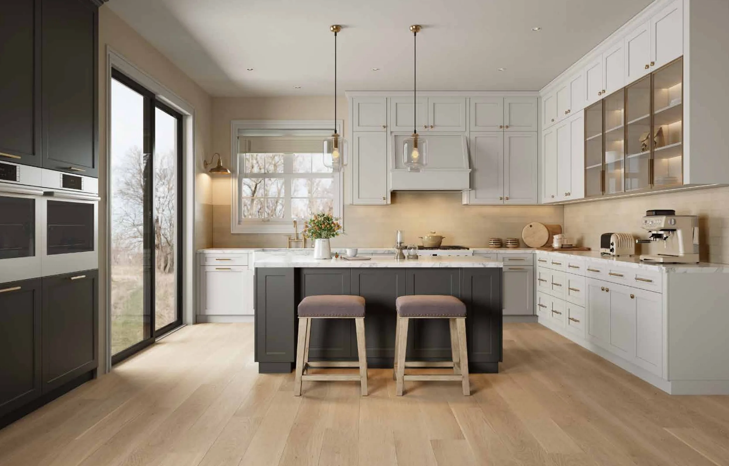 White and dark grey transitional kitchen