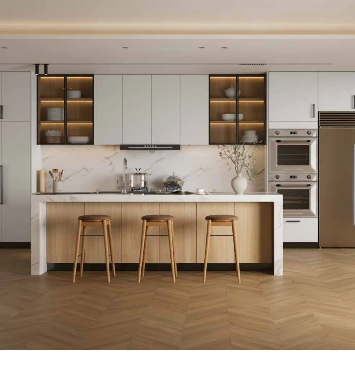 White and oak kitchen with herringbone floor